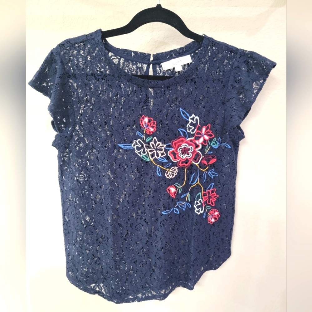 Loft, Navy lace and embroidered shirt